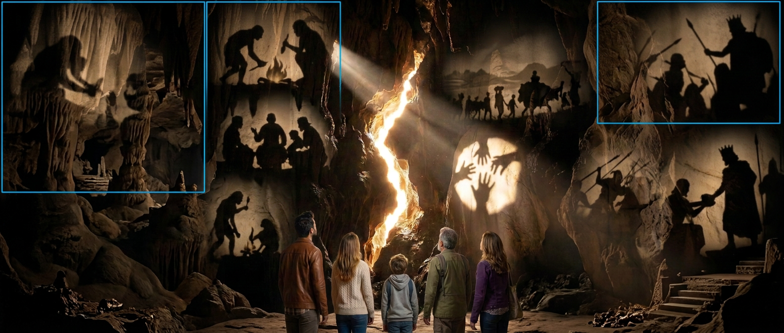 Sunlight shining through a narrow opening inside a dark cave